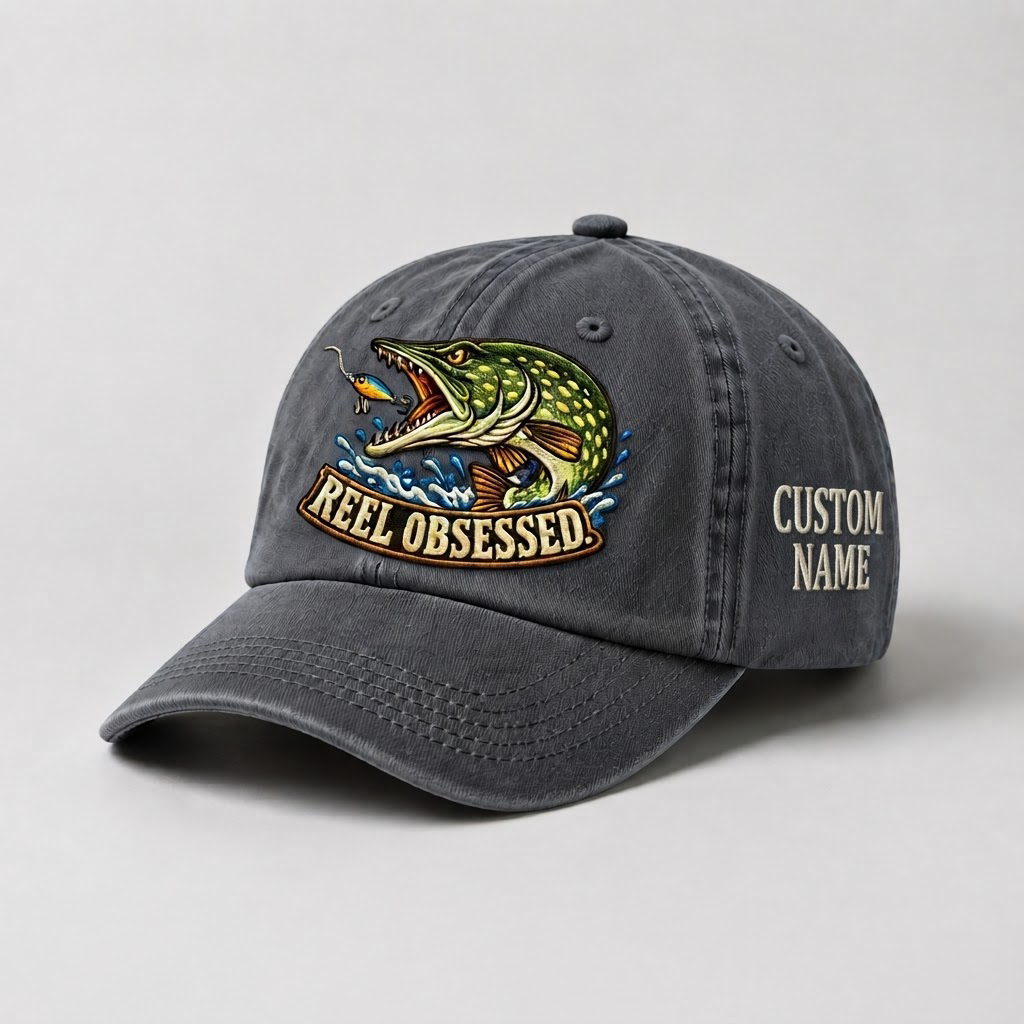 Pike Hat, Custom Reel Obsessed Embroidered Cap, Personalized Fisherman Gift, Vintage Washed Cotton Dad Hat, Fishing Merch