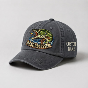 Pike Hat, Custom Reel Obsessed Embroidered Cap, Personalized Fisherman Gift, Vintage Washed Cotton Dad Hat, Fishing Merch - 1