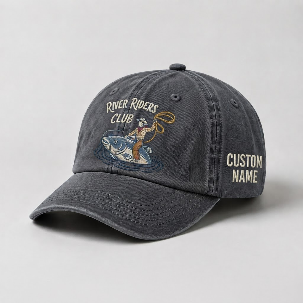 River Riders Club Fishing Hat,  Personalized Fisherman Gift, Cowboy Catfish Embroidered Cap, Vintage Dad Hat, Outdoor Angler Cap