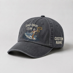 River Riders Club Fishing Hat,  Personalized Fisherman Gift, Cowboy Catfish Embroidered Cap, Vintage Dad Hat, Outdoor Angler Cap - 1