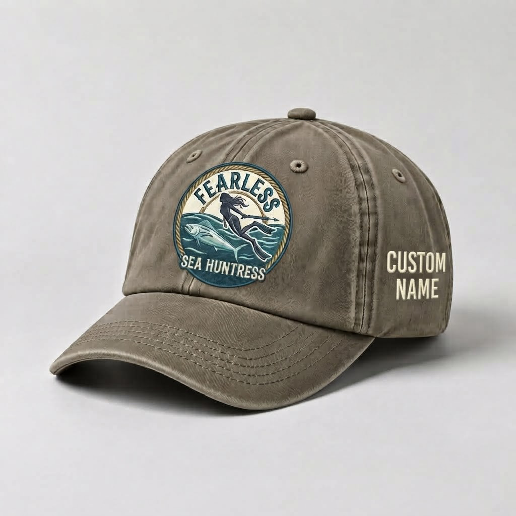 Spearfishing Hats For Women, Fearless Sea Huntress Custom Embroidered Baseball Cap, Personalized Vintage Washed Hat, Scuba Diving Gift