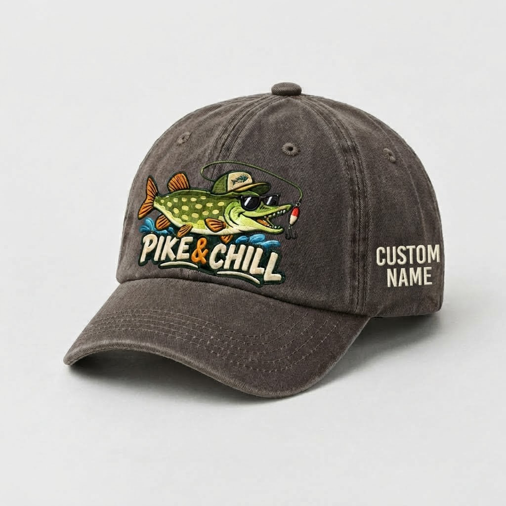 Pike Hat, Custom Pike And Chill Embroidered Baseball Cap, Personalized Fishing Lover Gift, Vintage Washed Cotton Dad Hat, Fisherman Merch