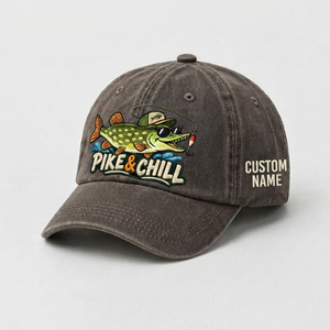 Pike Hat, Custom Pike And Chill Embroidered Baseball Cap, Personalized Fishing Lover Gift, Vintage Washed Cotton Dad Hat, Fisherman Merch - 5
