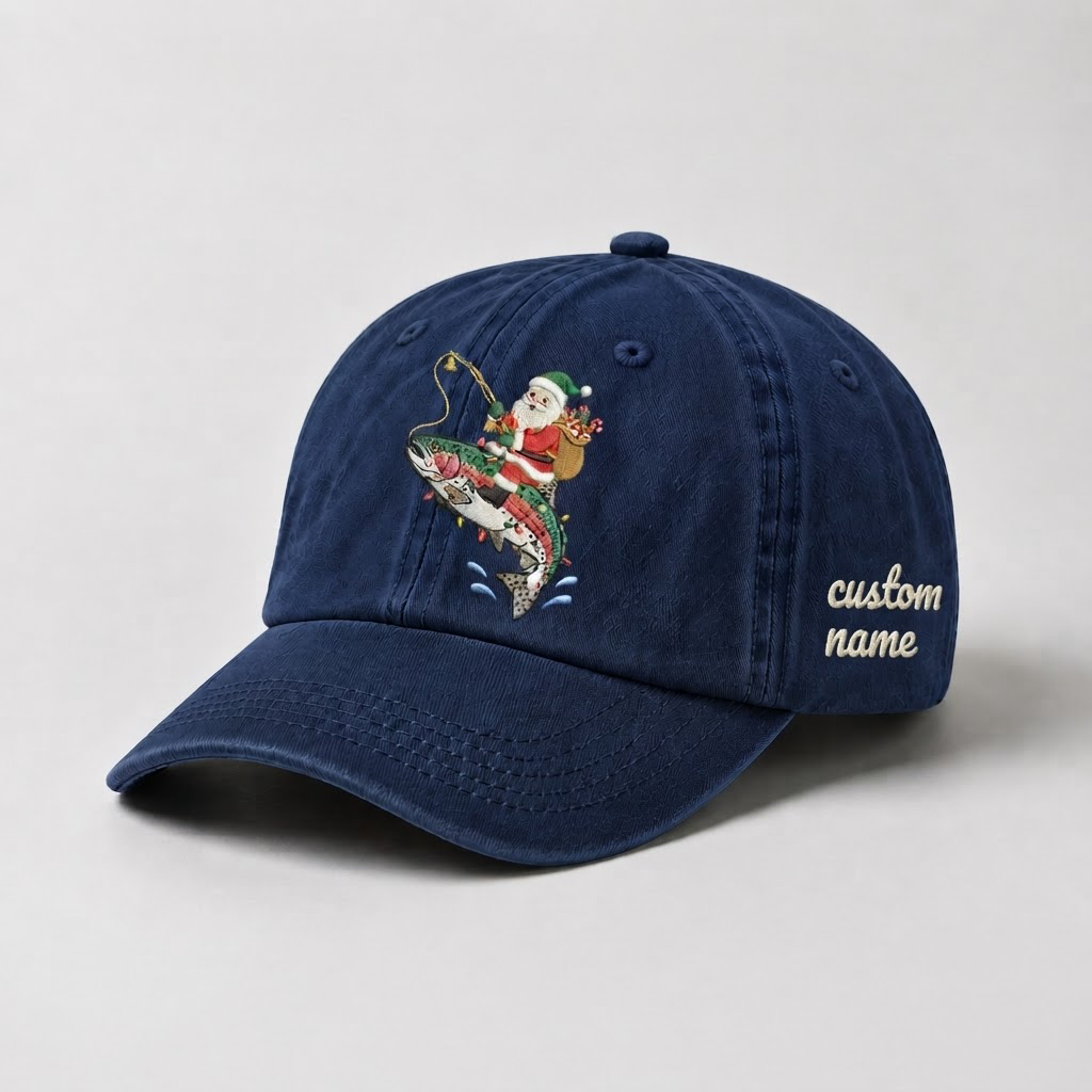 Santa Fishing Trout Embroidered Hat, Custom Name Christmas Baseball Cap, Vintage Fisherman Dad Hat, Outdoor Holiday Gift, Cute Winter Hat