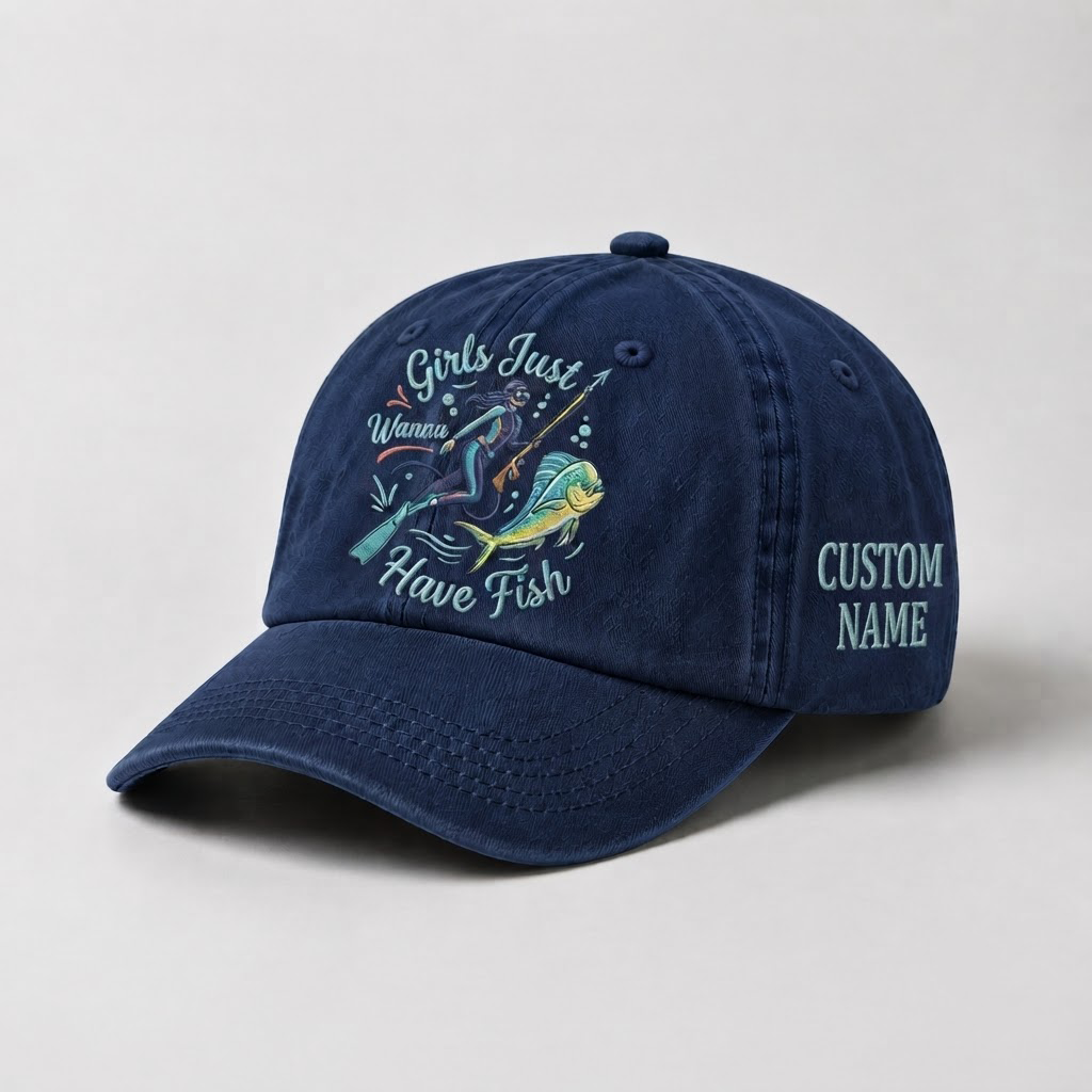 Girls Just Wanna Have Fish Hat, Custom Spearfishing Hat for Women, Personalized Dive Embroidery Cap, Gift For Her