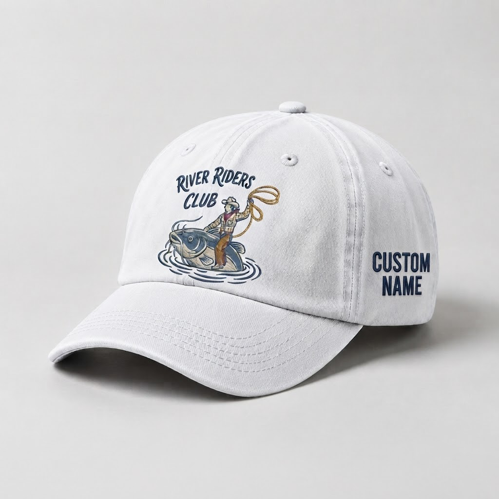 River Riders Club Fishing Hat,  Personalized Fisherman Gift, Cowboy Catfish Embroidered Cap, Vintage Dad Hat, Outdoor Angler Cap