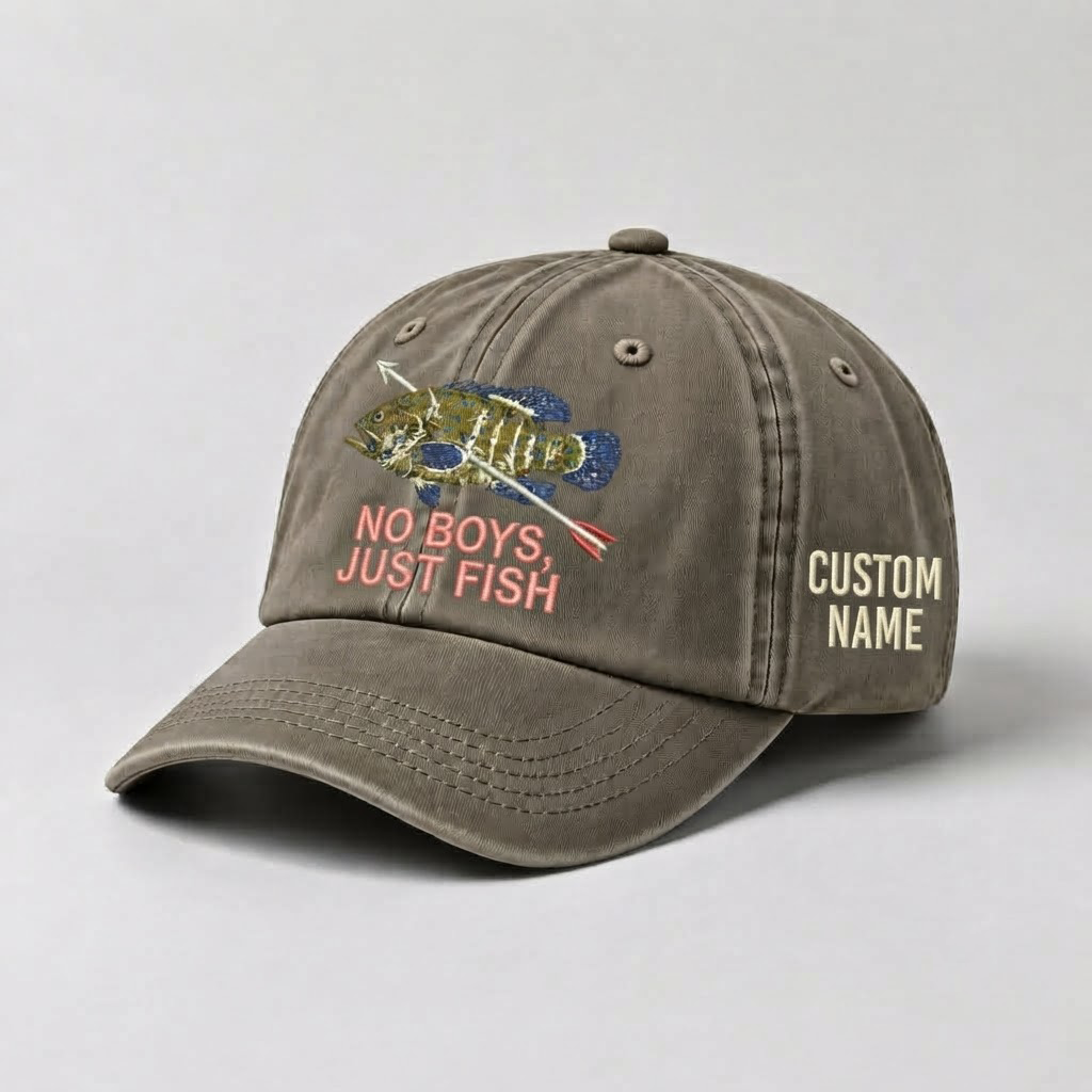Spearfishing Hats For Women, No Boys, Just Fish Custom Embroidered Baseball Cap, Personalized Vintage Washed Hat, Scuba Diving Gift