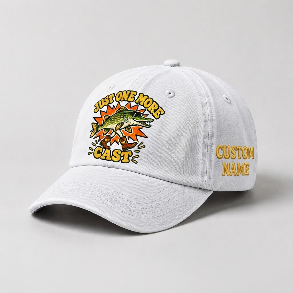 Pike Hat, Custom Just One More Cast Embroidered Cap, Personalized Fisherman Gift, Vintage Washed Cotton Dad Hat, Fishing Merch