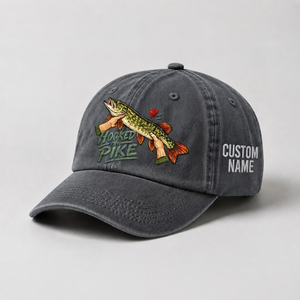 Pike Hat, Custom Hooked On Pike Embroidered Cap, Personalized Fisherman Gift, Vintage Washed Cotton Dad Hat, Fishing Merch - 1