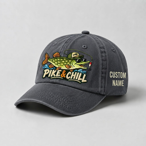 Pike Hat, Custom Pike And Chill Embroidered Baseball Cap, Personalized Fishing Lover Gift, Vintage Washed Cotton Dad Hat, Fisherman Merch - 1