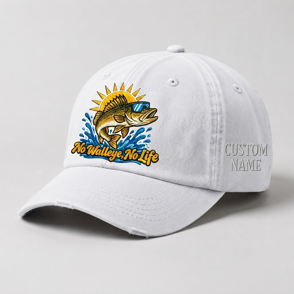 Custom Name Walleye Hat, Personalized No Walleye No Life Fishing Cap, Vintage Fisherman Gift, Embroidered Outdoor Dad Hat