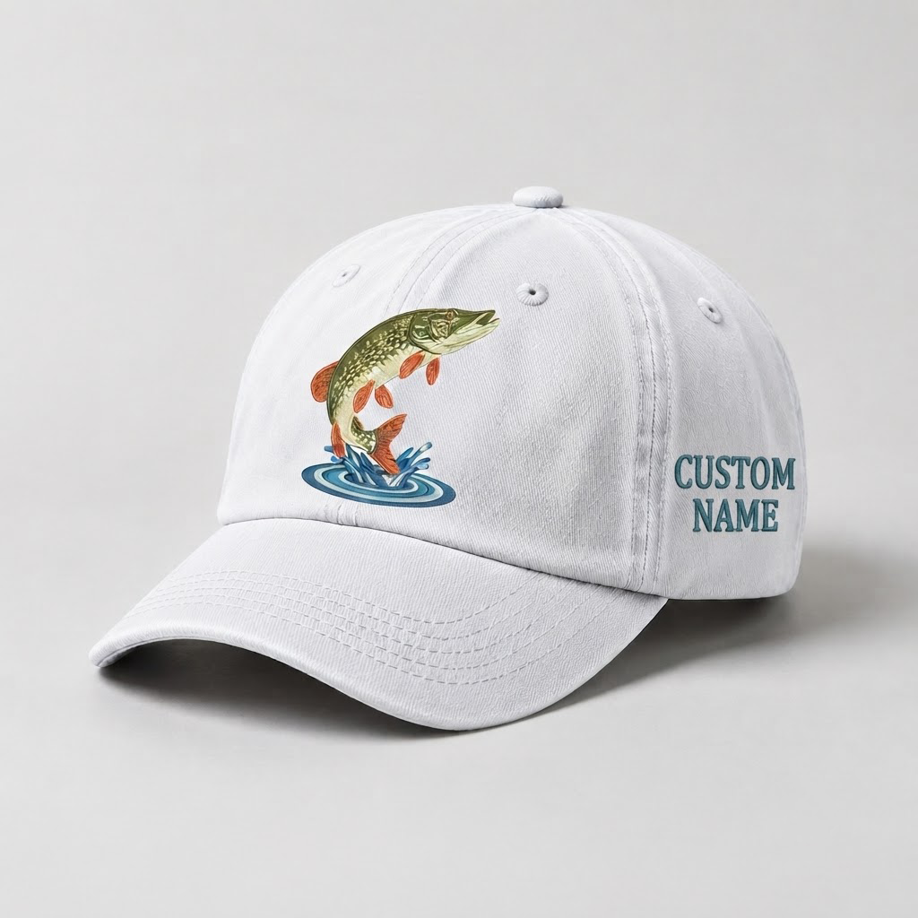 Jumping Pike Embroidered Hat, Freshwater Fishing Dad Cap