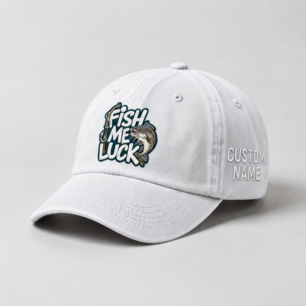 Custom Catfish Fish Me Luck Hat, Embroidered Fishing Cap, Personalized Fisherman Gift, Vintage Dad Hat, Outdoor Sport Hat, Fishing Lover
