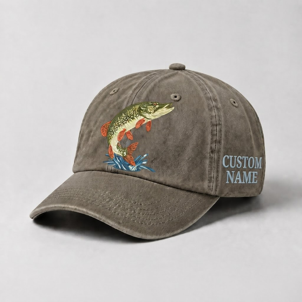 Jumping Pike Embroidered Hat, Freshwater Fishing Dad Cap