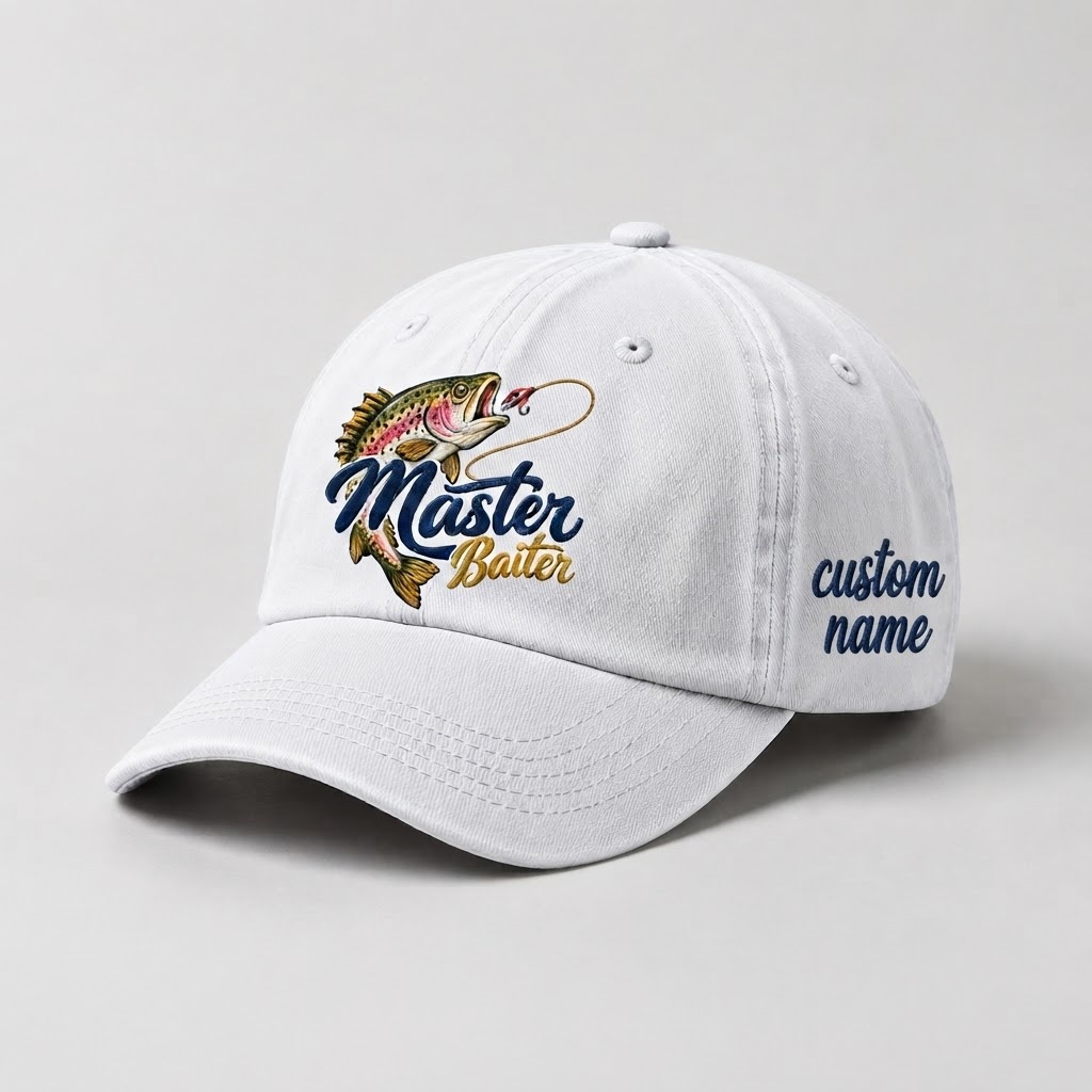 Master Baiter Fishing Hat, Personalized Trout Fish Dad Cap, Embroidered Outdoor Hat, Funny Fisherman Gift, Vintage Washed Baseball Cap