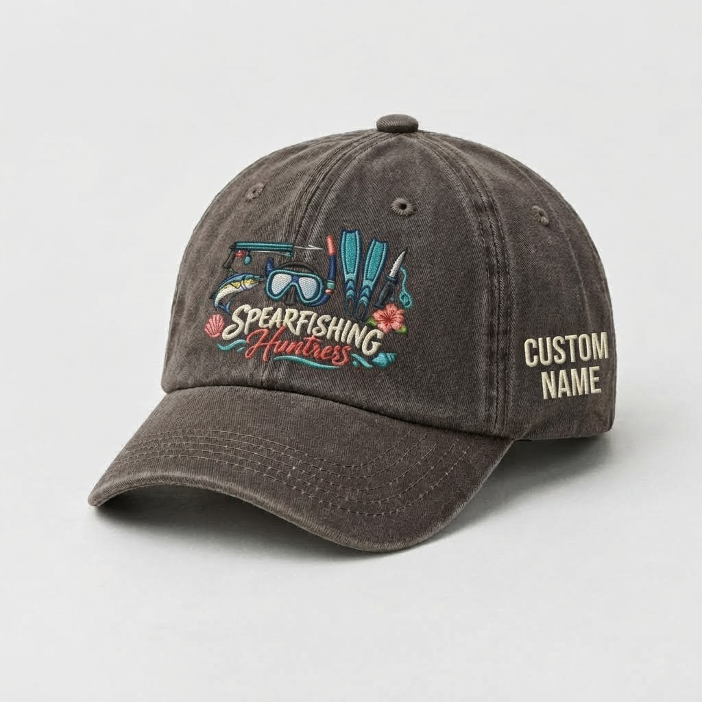 Spearfishing Hats For Women, Spearfishing Huntress Custom Embroidered Baseball Cap, Personalized Vintage Washed Hat, Scuba Diving Gift