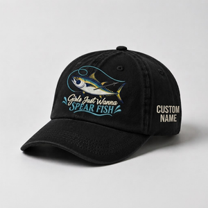 Spearfishing Hats For Women, Girls Just Wanna Spear Fish Custom Embroidered Cap, Personalized Vintage Washed Hat, Scuba Diving Gift - 2
