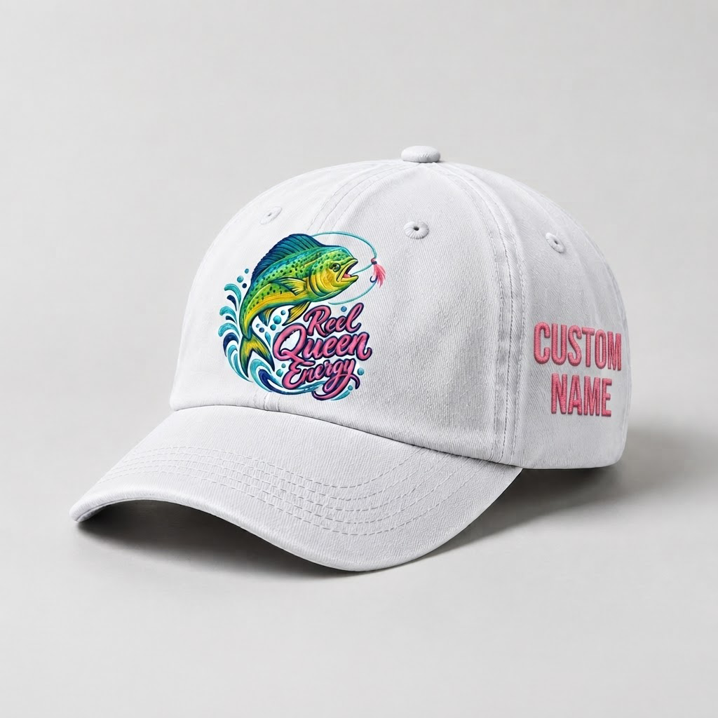 Reel Queen Energy Hat for Women, Custom Fishing Hat for Women, Personalized Mahi Mahi Embroidery Cap,  Gift for Her