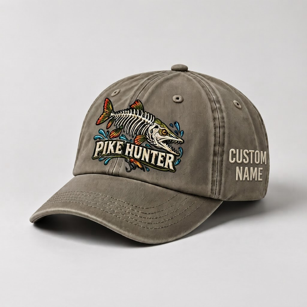 Pike Hat, Custom Pike Hunter Embroidered Cap, Personalized Fisherman Gift, Vintage Washed Cotton Dad Hat, Fishing Merch