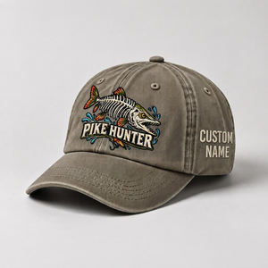 Pike Hat, Custom Pike Hunter Embroidered Cap, Personalized Fisherman Gift, Vintage Washed Cotton Dad Hat, Fishing Merch - 6