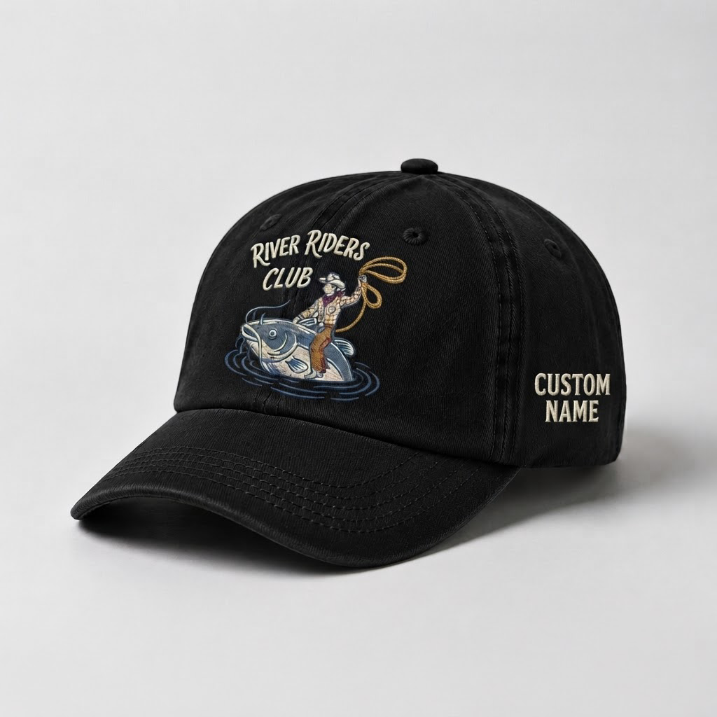 River Riders Club Fishing Hat,  Personalized Fisherman Gift, Cowboy Catfish Embroidered Cap, Vintage Dad Hat, Outdoor Angler Cap