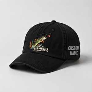 Pike Hat, Custom Hooked For Life Embroidered Cap, Personalized Fisherman Gift, Vintage Washed Cotton Dad Hat, Fishing Merch - 2
