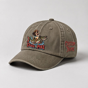 Pike Hat, Custom Chase The Pike Embroidered Cap, Personalized Fisherman Gift, Vintage Washed Cotton Dad Hat, Fishing Merch - 6