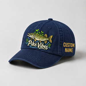Pike Hat, Custom Pike Vibes Embroidered Cap, Personalized Fisherman Gift, Vintage Washed Cotton Dad Hat, Fishing Merch - 3