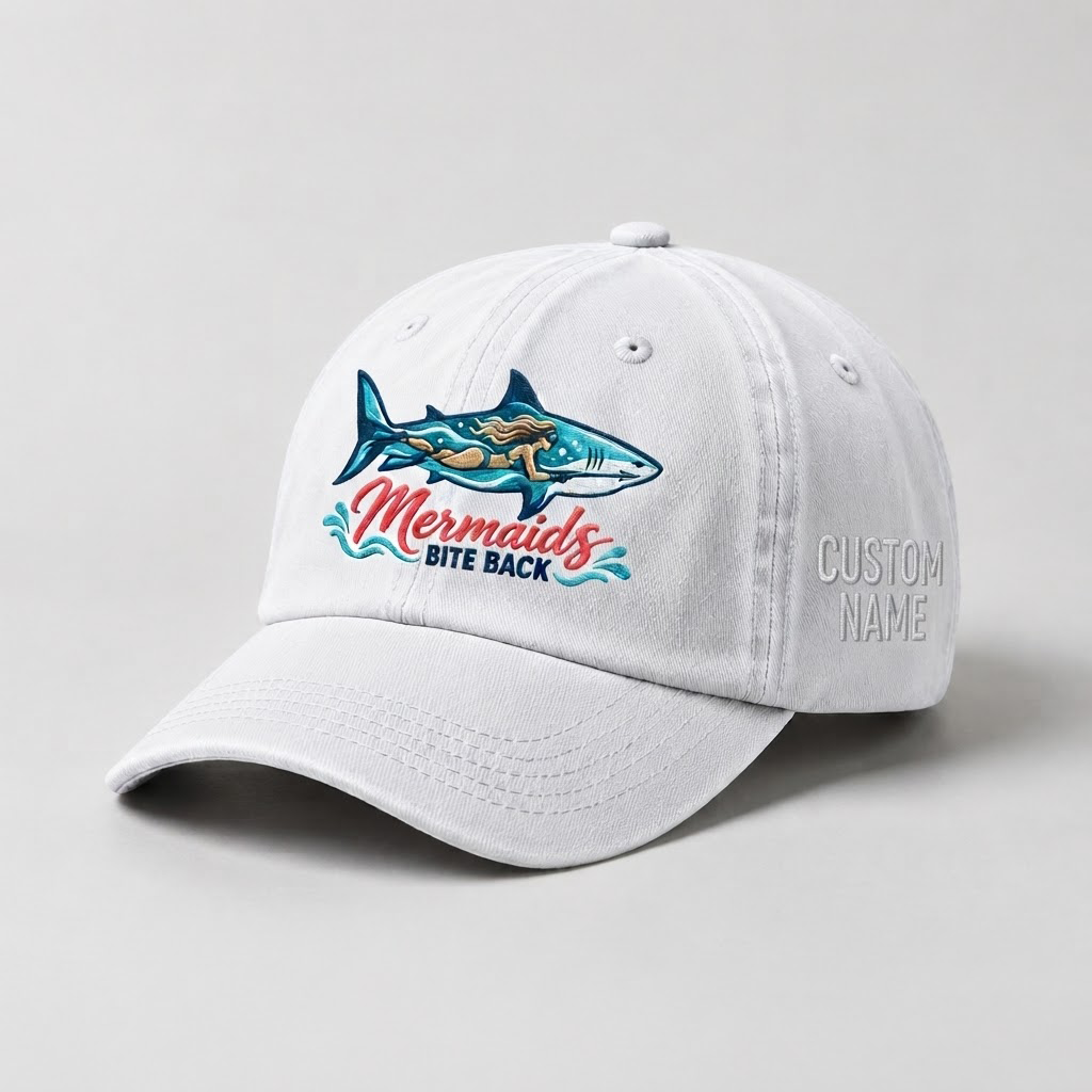 Spearfishing Hats For Women, Mermaids Bite Back Custom Embroidered Baseball Cap, Personalized Vintage Washed Hat, Scuba Diving Gift