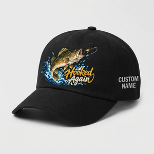 Custom Name Walleye Hat, Personalized Hooked Again Fishing Cap, Vintage Fisherman Gift, Embroidered Outdoor Dad Hat - 2