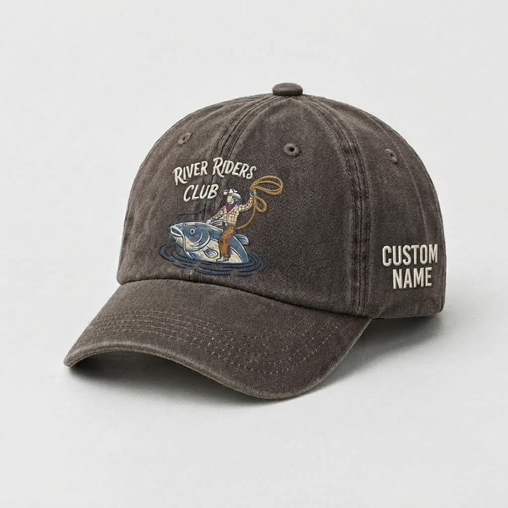 River Riders Club Fishing Hat,  Personalized Fisherman Gift, Cowboy Catfish Embroidered Cap, Vintage Dad Hat, Outdoor Angler Cap