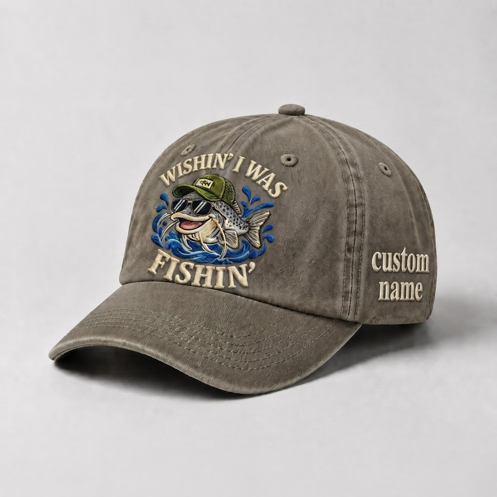 Custom Catfish Fishing Embroidered Hat, Wishin I Was Fishin Cap, Personalized Fisherman Dad Hat, Vintage Wash Fishing Gift