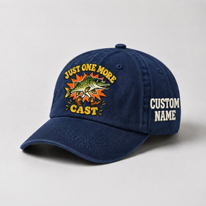 Pike Hat, Custom Just One More Cast Embroidered Cap, Personalized Fisherman Gift, Vintage Washed Cotton Dad Hat, Fishing Merch - 3