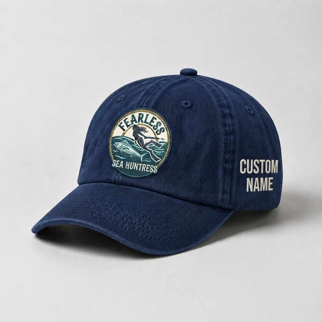 Spearfishing Hats For Women, Fearless Sea Huntress Custom Embroidered Baseball Cap, Personalized Vintage Washed Hat, Scuba Diving Gift