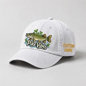 Pike Hat, Custom Pike Vibes Embroidered Cap, Personalized Fisherman Gift, Vintage Washed Cotton Dad Hat, Fishing Merch - 4