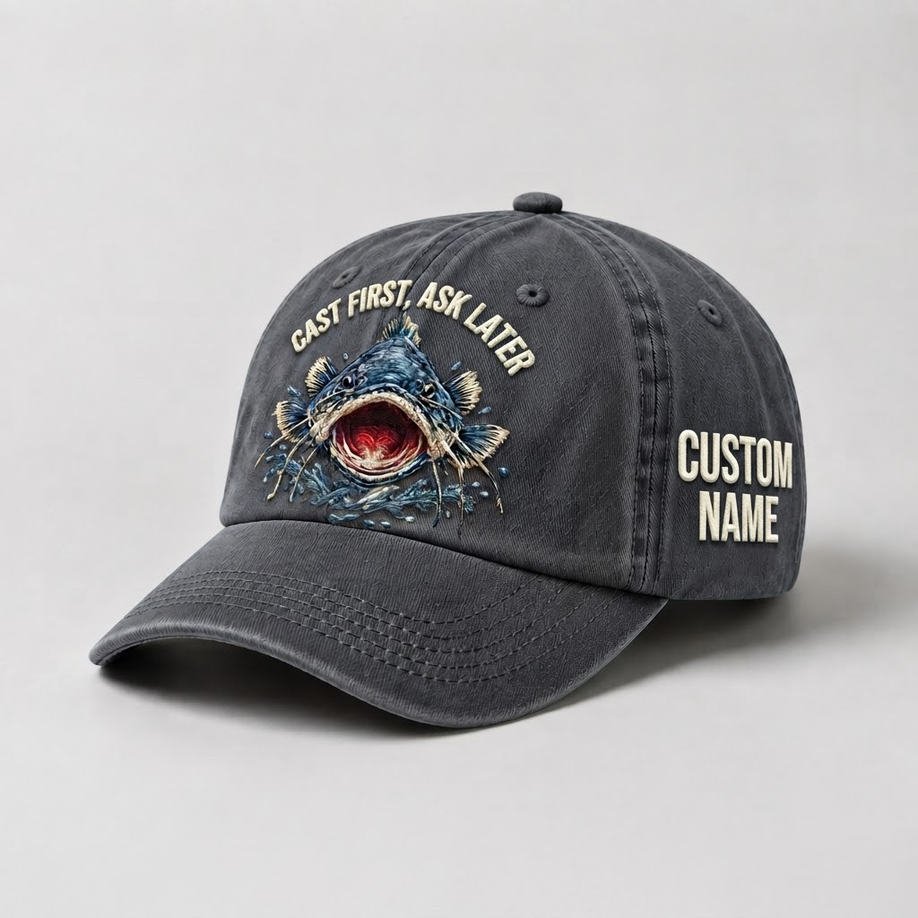 Cast First Ask Later Embroidered Cap, Personalized Fisherman Gift, Catfish Fishing Hat,   Vintage Dad Hat, Outdoor Angler Cap