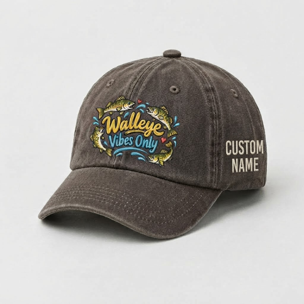 Custom Walleye Hat, Personalized Walleye Vibes Only Fishing Cap, Vintage Angler Gift, Fisherman Dad Hat, Outdoor Sports Embroidered Hat