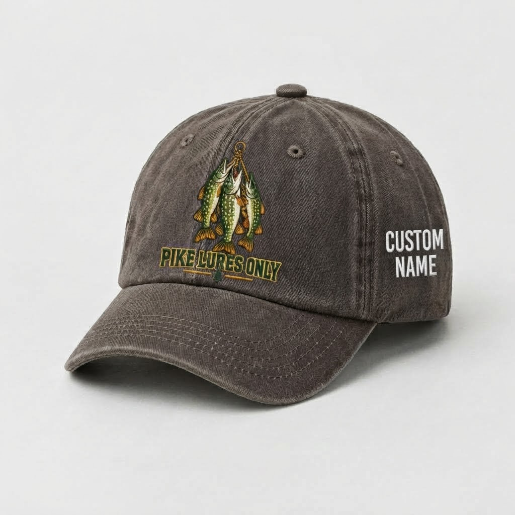 Pike Hat, Personalized Fishing Cap, Custom Name Embroidered Dad Hat, Pike Lures Only Vintage Fisherman Gift, Outdoor Angler Enthusiast