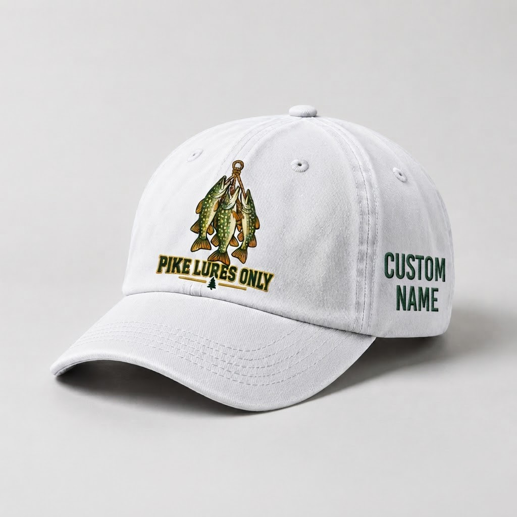 Pike Hat, Personalized Fishing Cap, Custom Name Embroidered Dad Hat, Pike Lures Only Vintage Fisherman Gift, Outdoor Angler Enthusiast