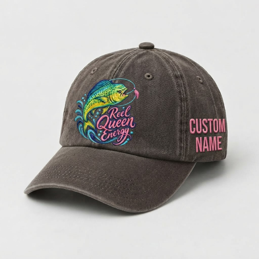 Reel Queen Energy Hat for Women, Custom Fishing Hat for Women, Personalized Mahi Mahi Embroidery Cap,  Gift for Her