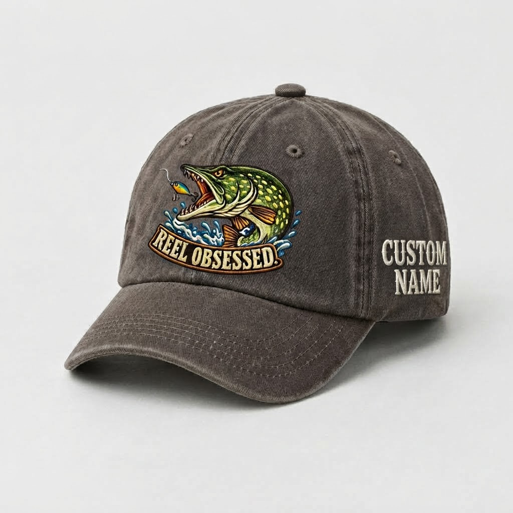 Pike Hat, Custom Reel Obsessed Embroidered Cap, Personalized Fisherman Gift, Vintage Washed Cotton Dad Hat, Fishing Merch