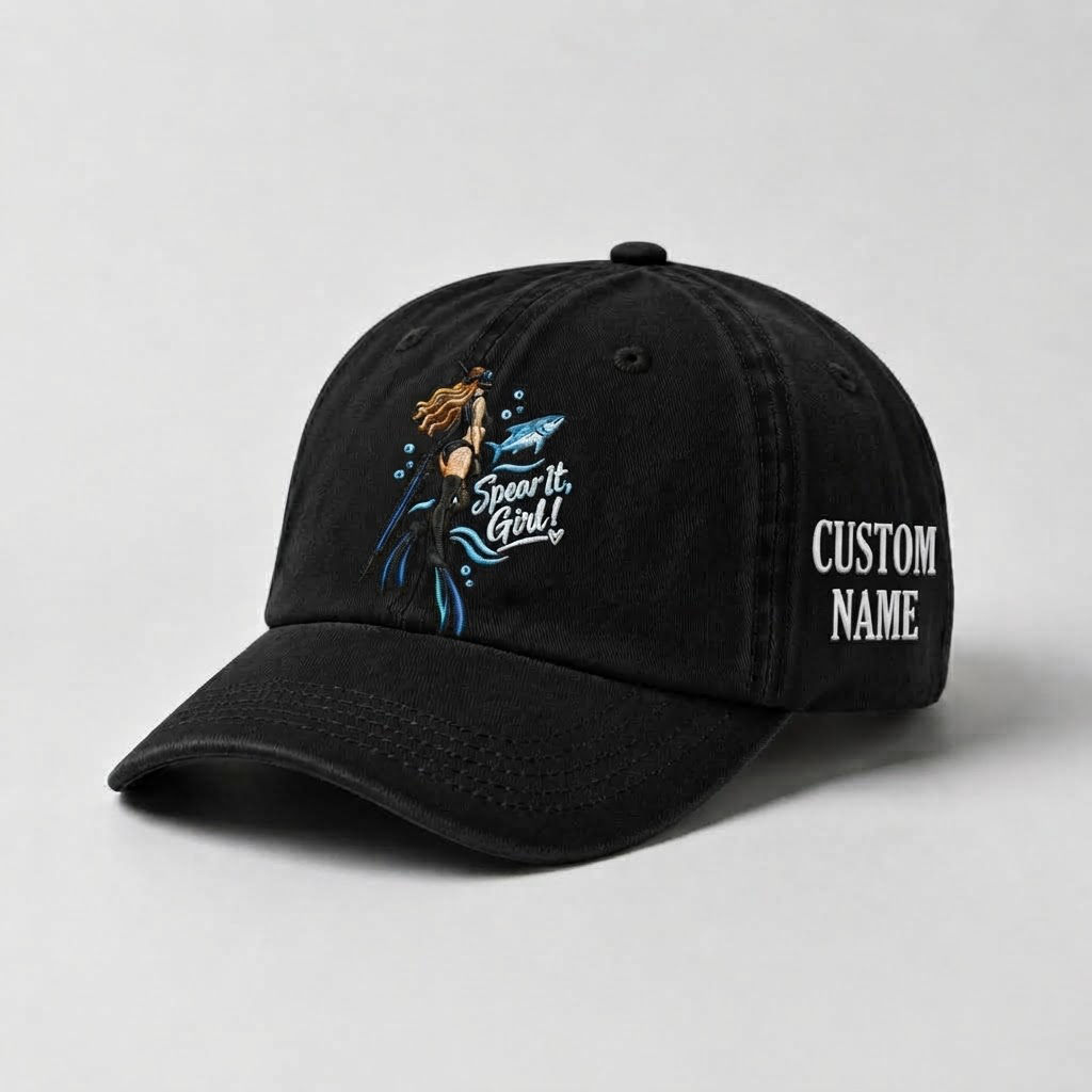 Spear It, Girl! Hat for Women , Personalized Spearfishing Hat, Custom Name Embroidered Cap, Ocean Lover Baseball Hat