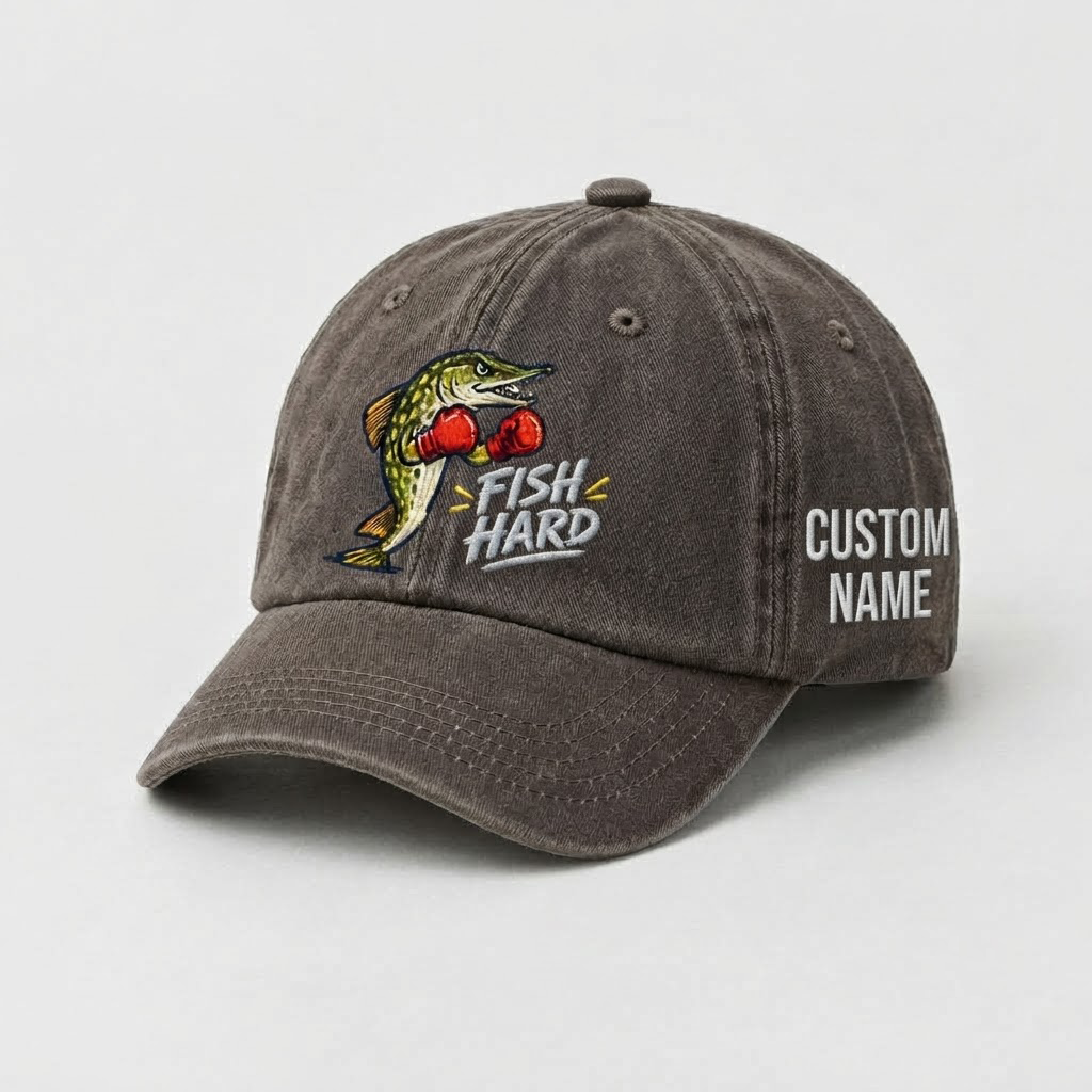 Pike Hat, Custom Fish Hard Embroidered Cap, Personalized Fisherman Gift, Vintage Washed Cotton Dad Hat, Fishing Merch