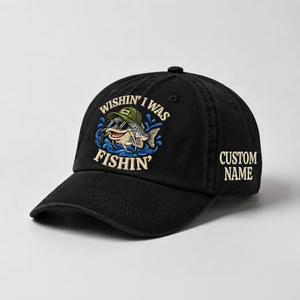 Custom Catfish Fishing Embroidered Hat, Wishin I Was Fishin Cap, Personalized Fisherman Dad Hat, Vintage Wash Fishing Gift - 2