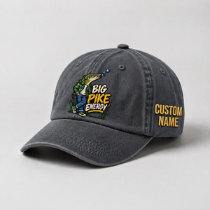 Pike Hat, Custom Big Pike Energy Embroidered Cap, Personalized Fisherman Gift, Vintage Washed Cotton Dad Hat, Fishing Merch - 1