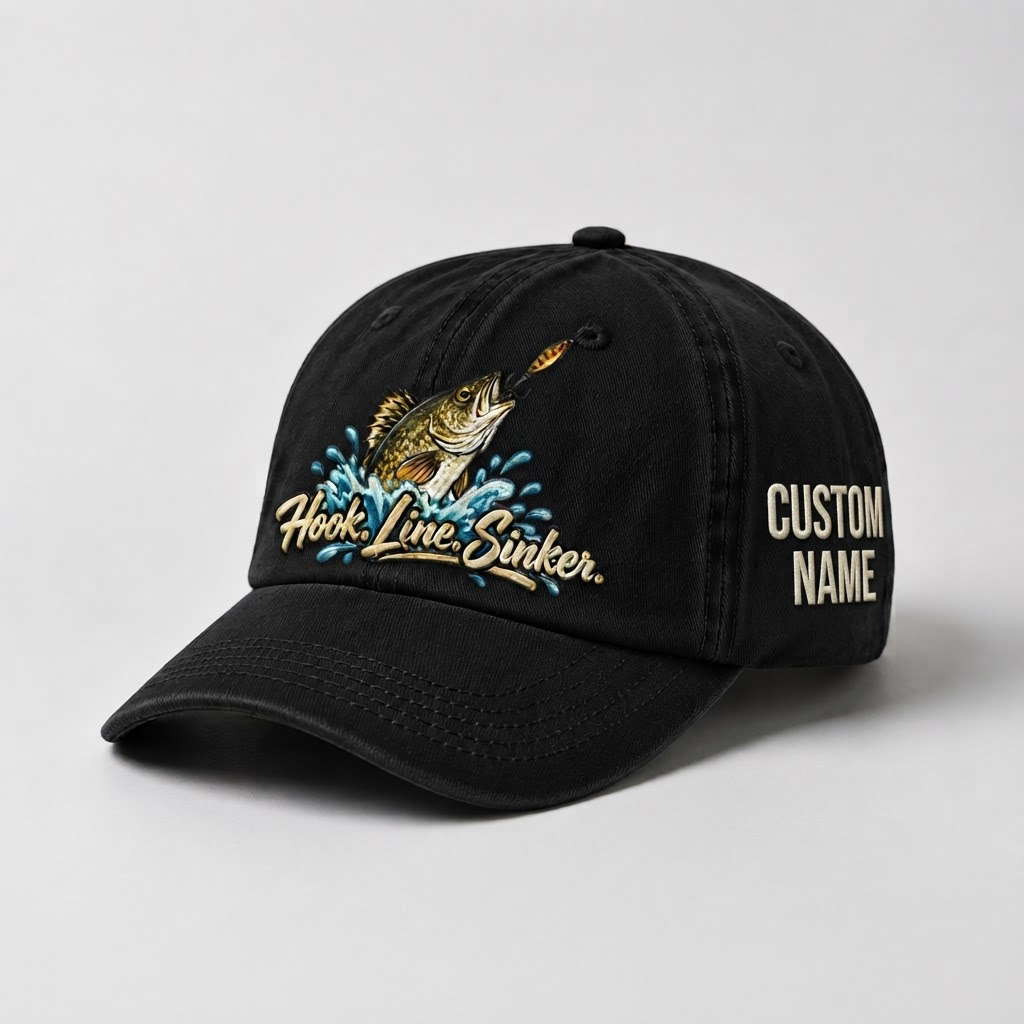 Personalized Walleye Hat, Custom Name Hook Line Sinker Fishing Cap, Vintage Fisherman Gift, Embroidered Outdoor Dad Hat