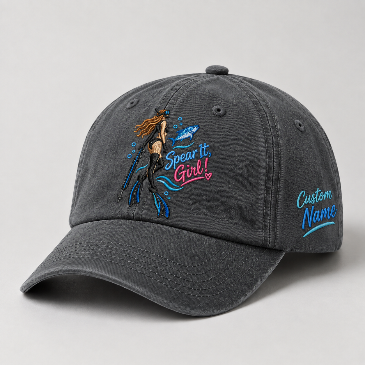 Spear It, Girl! Hat for Women , Personalized Spearfishing Hat, Custom Name Embroidered Cap, Ocean Lover Baseball Hat