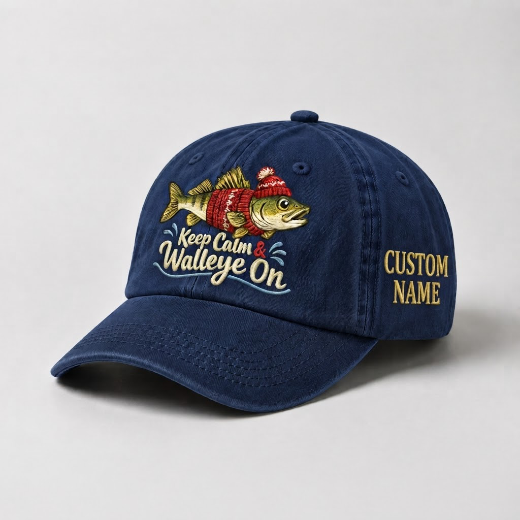 Custom Walleye Hat, Personalized Keep Calm And Walleye On Fishing Cap, Angler Gift, Fisherman Dad Hat, Outdoor Sports Embroidered Hat
