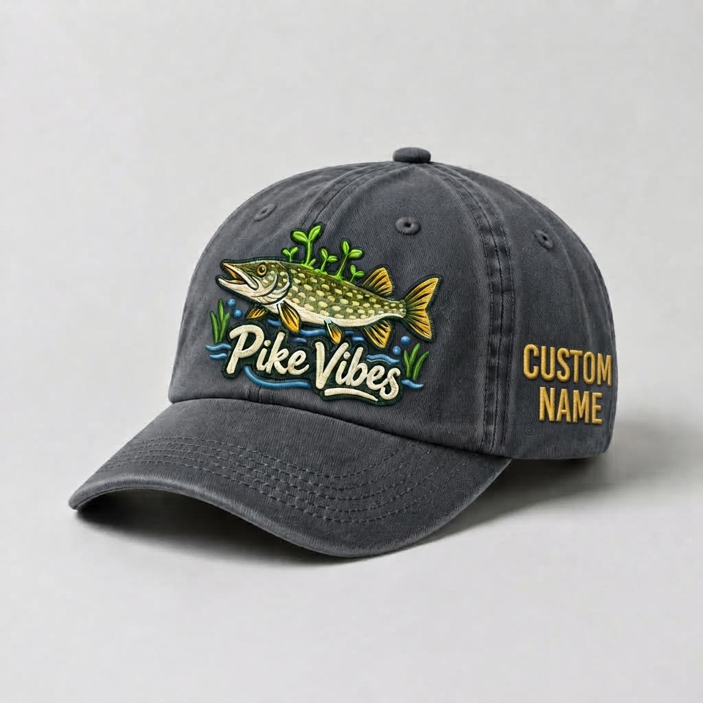Pike Hat, Custom Pike Vibes Embroidered Cap, Personalized Fisherman Gift, Vintage Washed Cotton Dad Hat, Fishing Merch