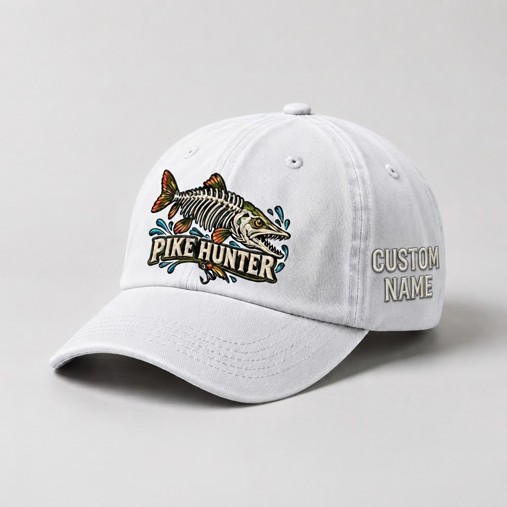 Pike Hat, Custom Pike Hunter Embroidered Cap, Personalized Fisherman Gift, Vintage Washed Cotton Dad Hat, Fishing Merch